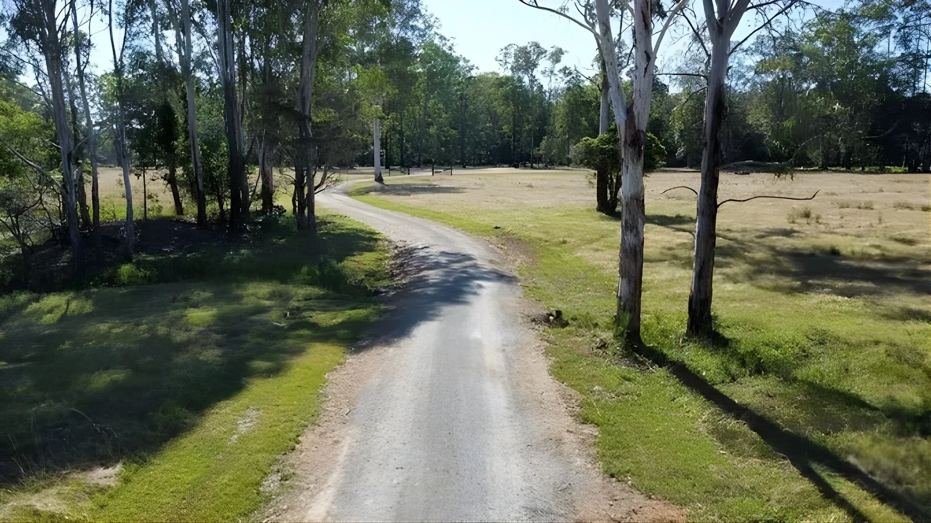 A dirt pathway winding through a grassy area with trees on both sides, leading into a more open, wooded campground.