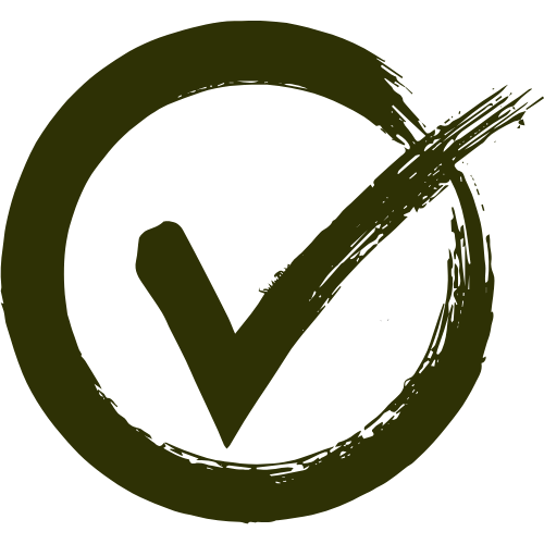 Green checkmark inside a rough circle on a black background.