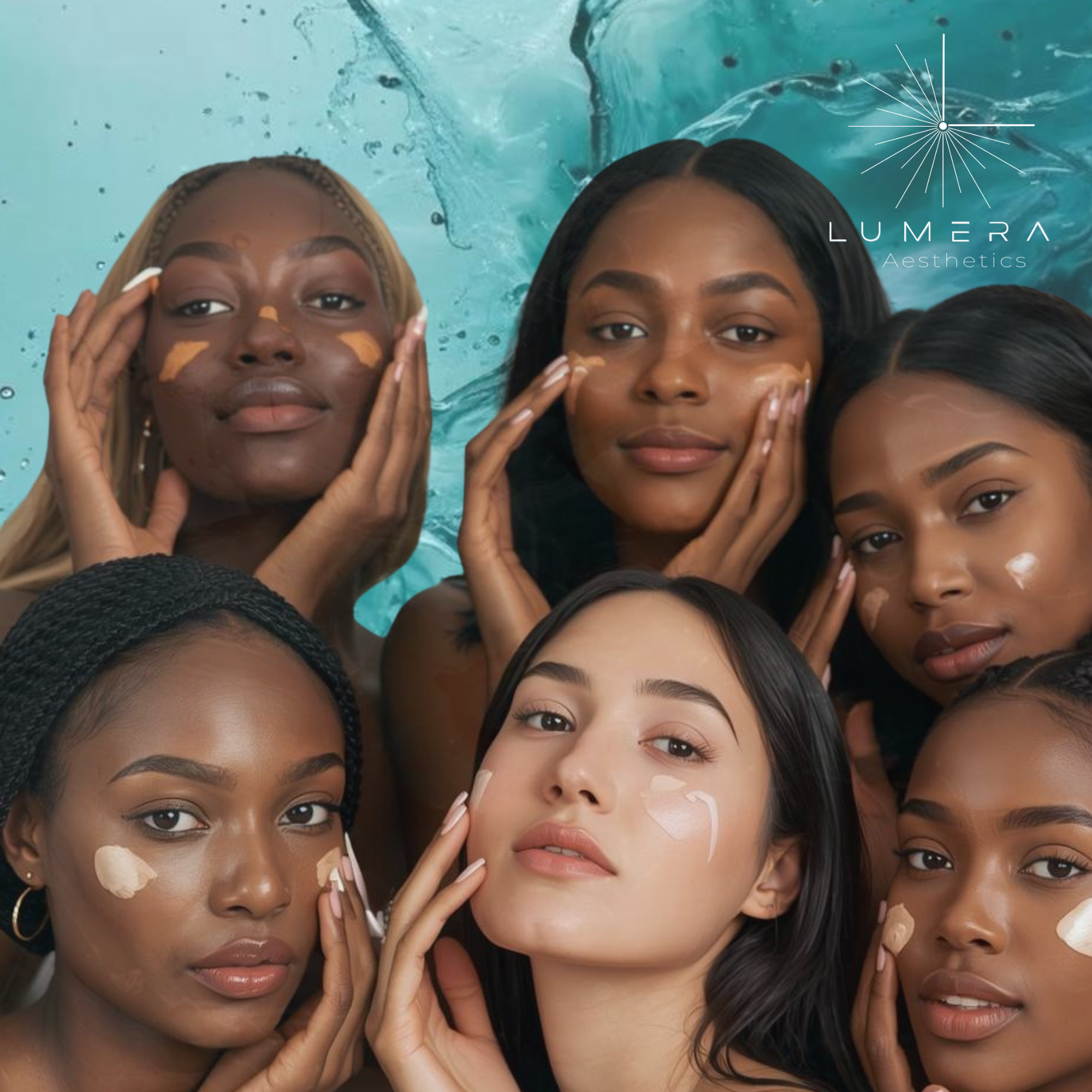 Group of six women with different skin tones applying skincare cream, with a water splash background and the logo 'LUMERA Aesthetics' in the top right corner.
