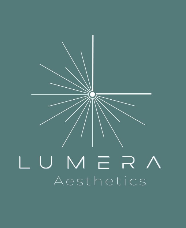 Logo for LumerAesthetics featuring a white starburst design above the text 'LUMERA' with 'Aesthetics' written underneath on a teal background.