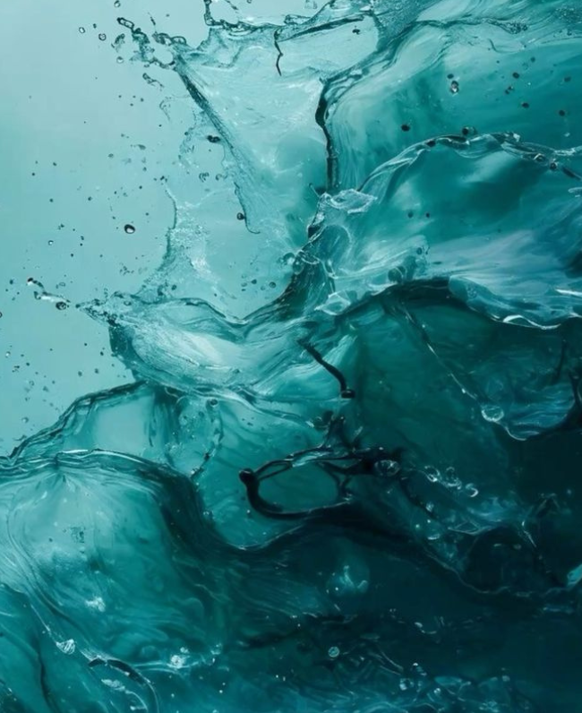 Close-up of broken ice cubes in water with splashes and bubbles.