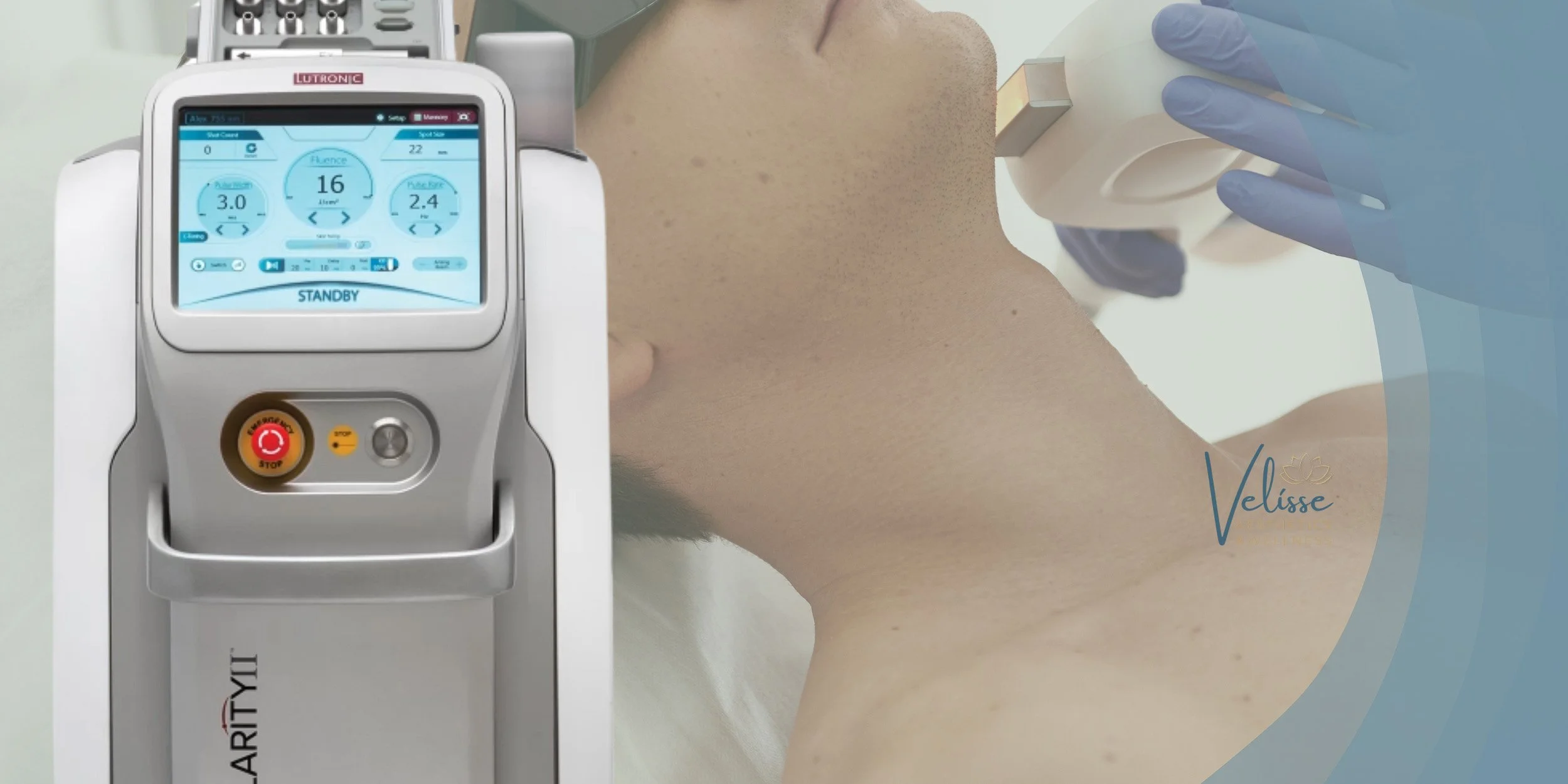 A person receiving a non-invasive aesthetic treatment to the neck area with a device labeled "LUMERA Aesthetics". The device has a screen displaying various controls and readouts.