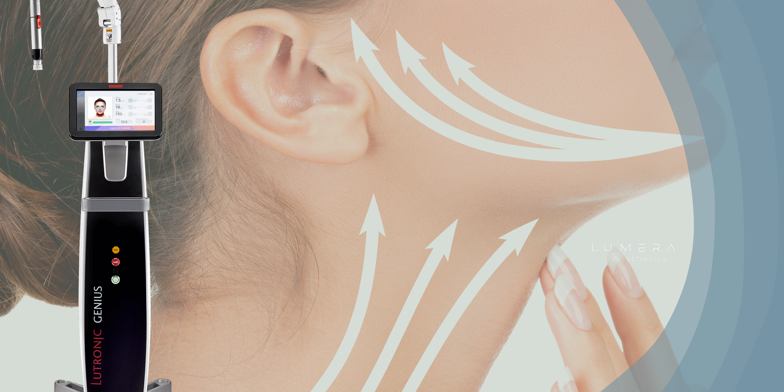 A skincare or aesthetic device with a digital display is used near a woman's cheek, with graphic arrows showing skin lifting or stimulating effects, and the words 'LUMERA Aesthetics' are visible.