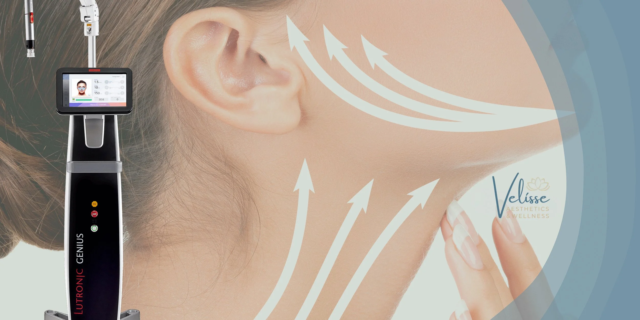 A skincare or aesthetic device with a digital display is used near a woman's cheek, with graphic arrows showing skin lifting or stimulating effects, and the words 'LUMERA Aesthetics' are visible.