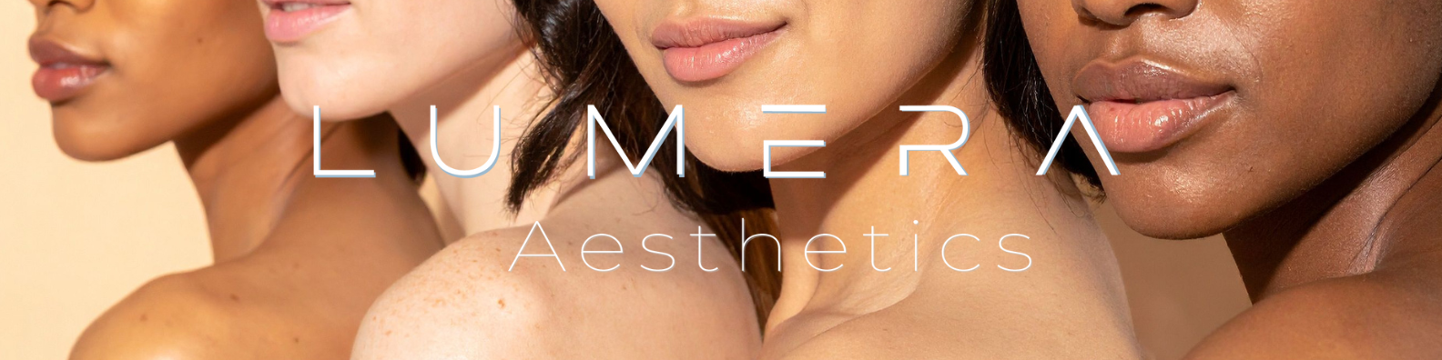 Three women with different skin tones pose closely together, showing their bare shoulders and necks, with the text "LUMERA Aesthetics" overlaid on the image.