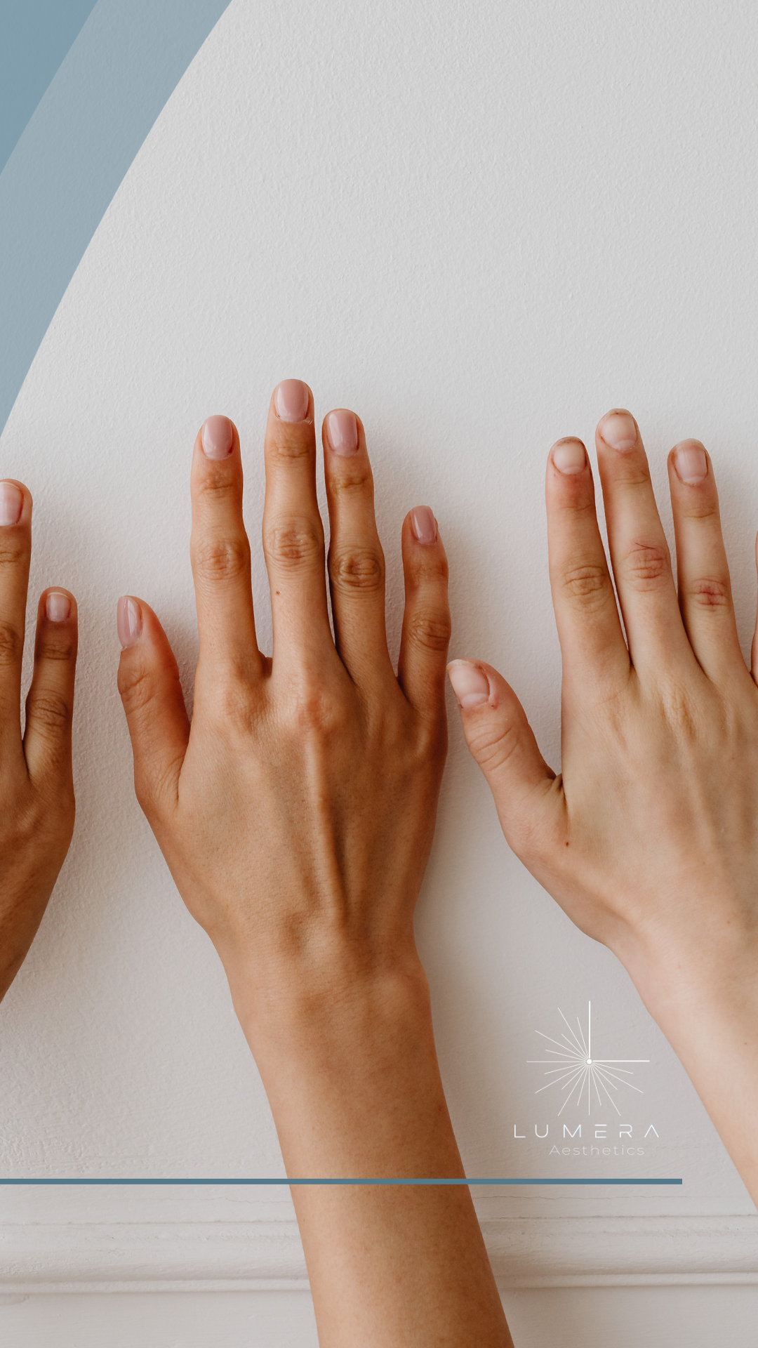 Close-up of three hands with natural nails resting on a white surface, with a LUMERA Aesthetics logo at the bottom right.