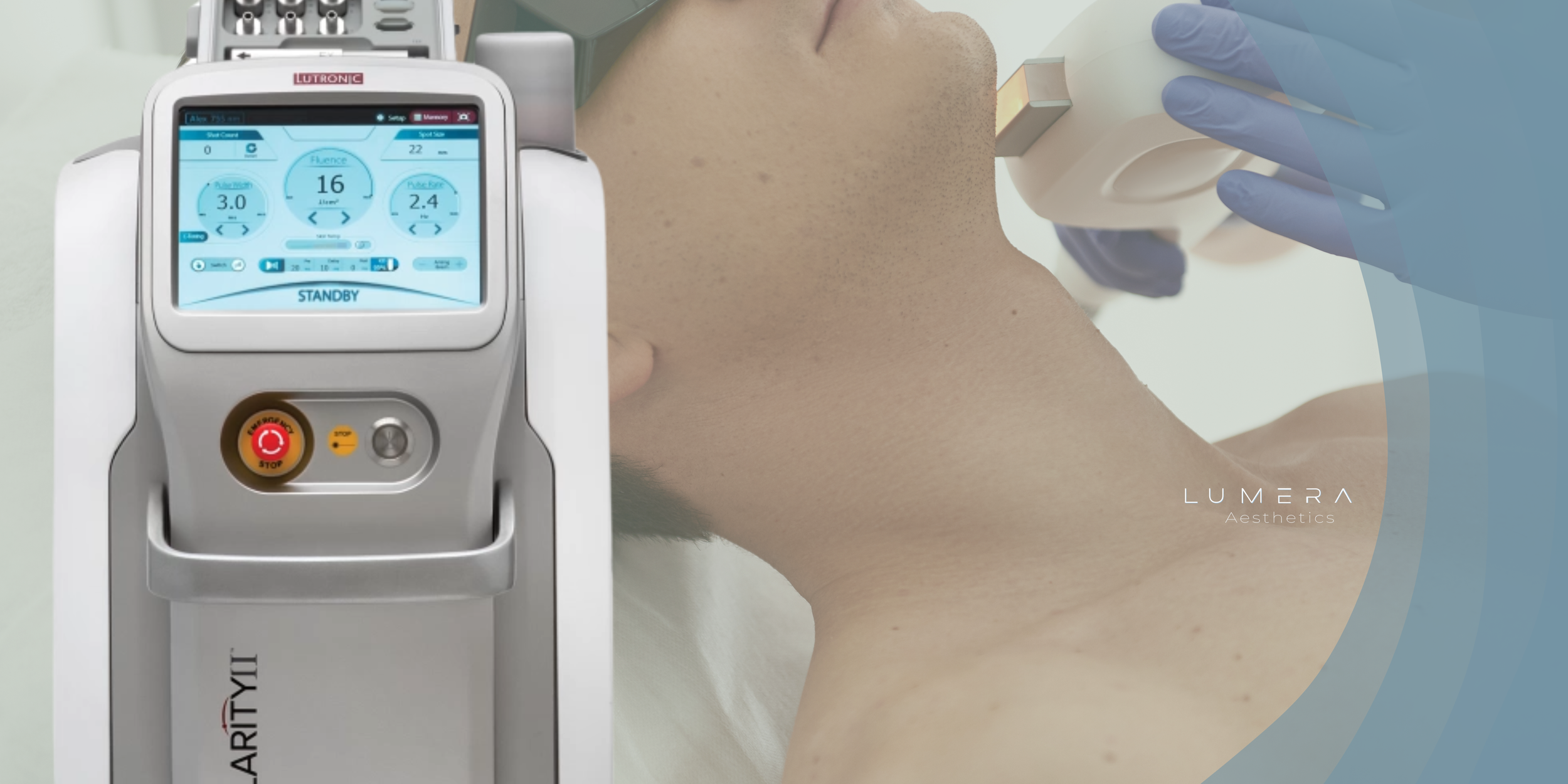 A person receiving a non-invasive aesthetic treatment to the neck area with a device labeled "LUMERA Aesthetics". The device has a screen displaying various controls and readouts.
