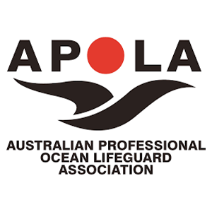 Logo of the Australian Professional Ocean Lifeguard Association, with the word 'APOLA' above stylized waves, a red circle above the 'O', and the full name below.