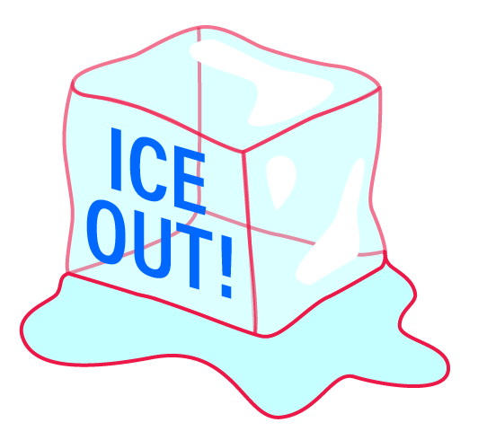 melting ice cube with words that say "ice out!"