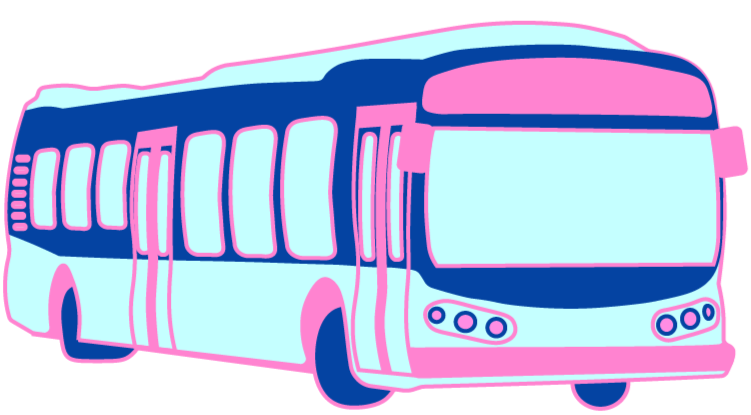 bus that has main color turquoise with accents of pink and dark blue
