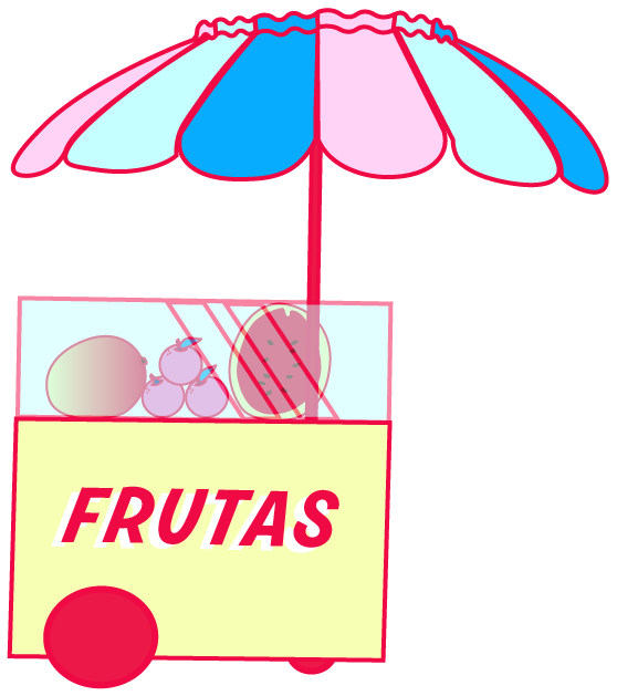 "frutas" fruit stand with multicolor umbrella and wheels