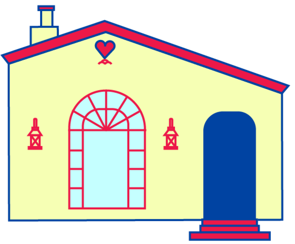 house with color, dark blue door, a window to the left with lights on either side, a heart at the top and a chimney