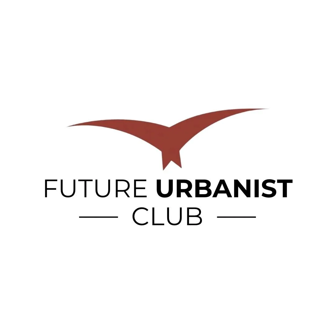 A logo for the future urbanist club that is white as a background, with words "future urbanist -club-" and a clay colored abstract bird flying over the words