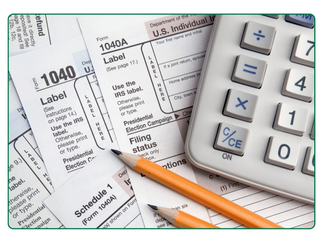 U.S. tax forms, a calculator, a pencil, and papers related to presidential election campaign filing and schedule 1 on a desk.