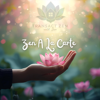 A hand holding a pink lotus flower with a background of blurred pink water lilies and soft light. Text reads 'Transcend Zen with Jen' and 'Zen A La Carte'.