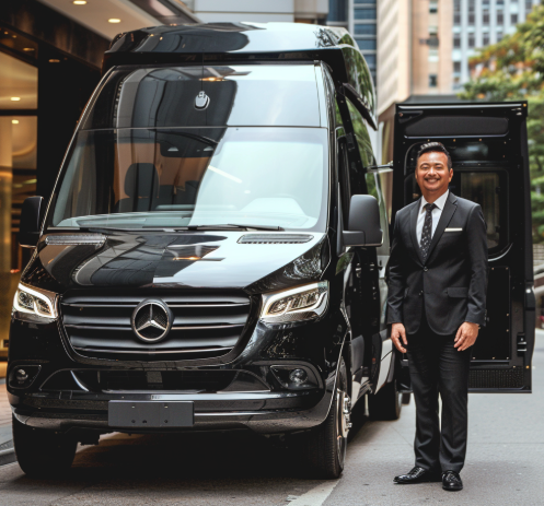 A man in a black suit standing next to a black Mercedes-Benz van on a city street