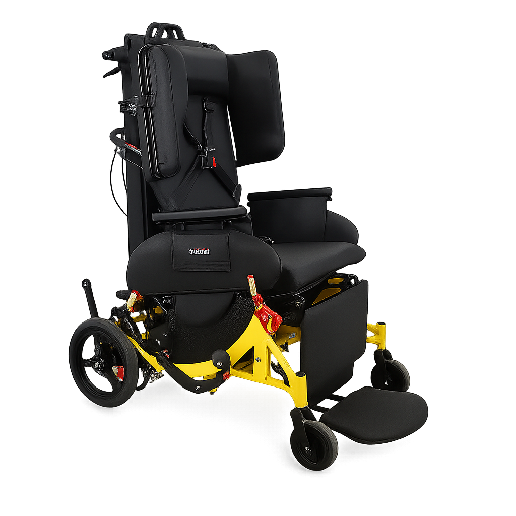 Motorized wheelchair with a yellow frame and black cushions, equipped with padded head and side supports for comfort and stability.