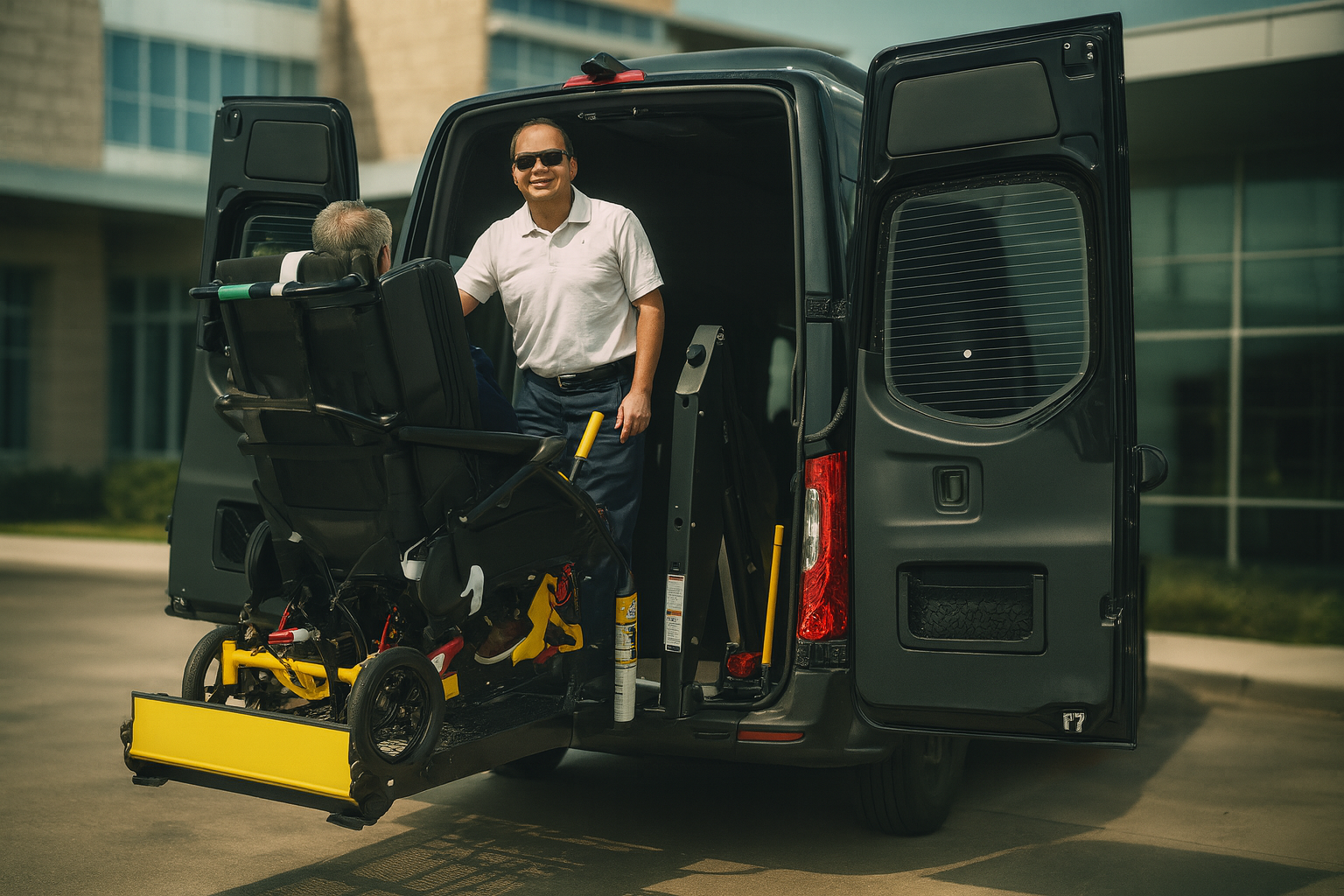 A man in sunglasses and a white shirt standing next to an electric wheelchair, loading it into a black van with the rear doors open, in an outdoor urban setting.
