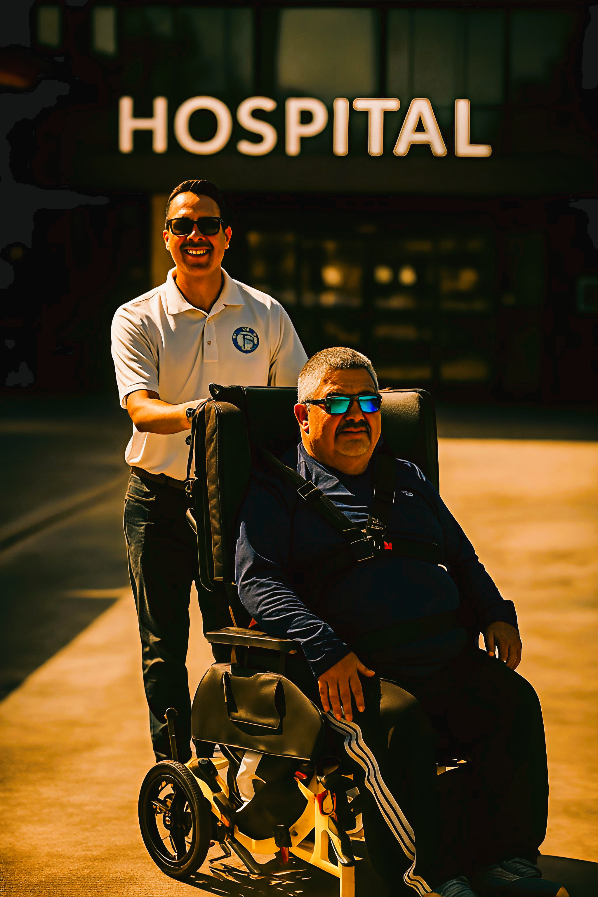 Two men, one in a wheelchair, outside a hospital building with a sign that reads 'HOSPITAL'; the man in the wheelchair wears sunglasses, a dark jacket, and has gray hair; the standing man wears sunglasses, a white polo shirt, and smiles.
