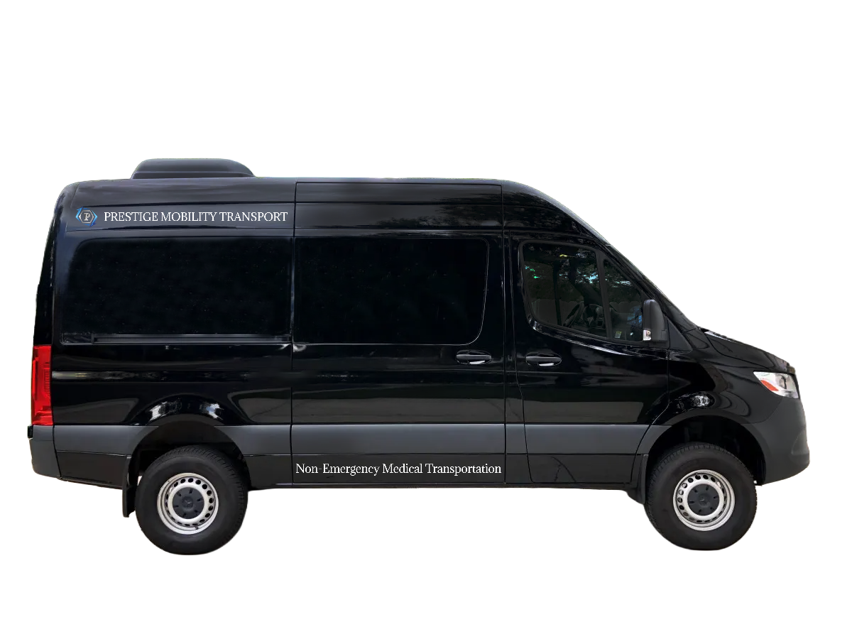 Prestige mobility transport non-emergency medical transportation sprinter van side view