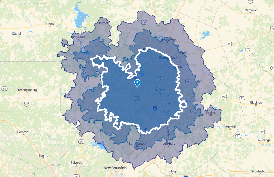 Map of Austin, Texas, highlighting the city and surrounding areas in different shades of blue and gray, showing boundaries and nearby towns.