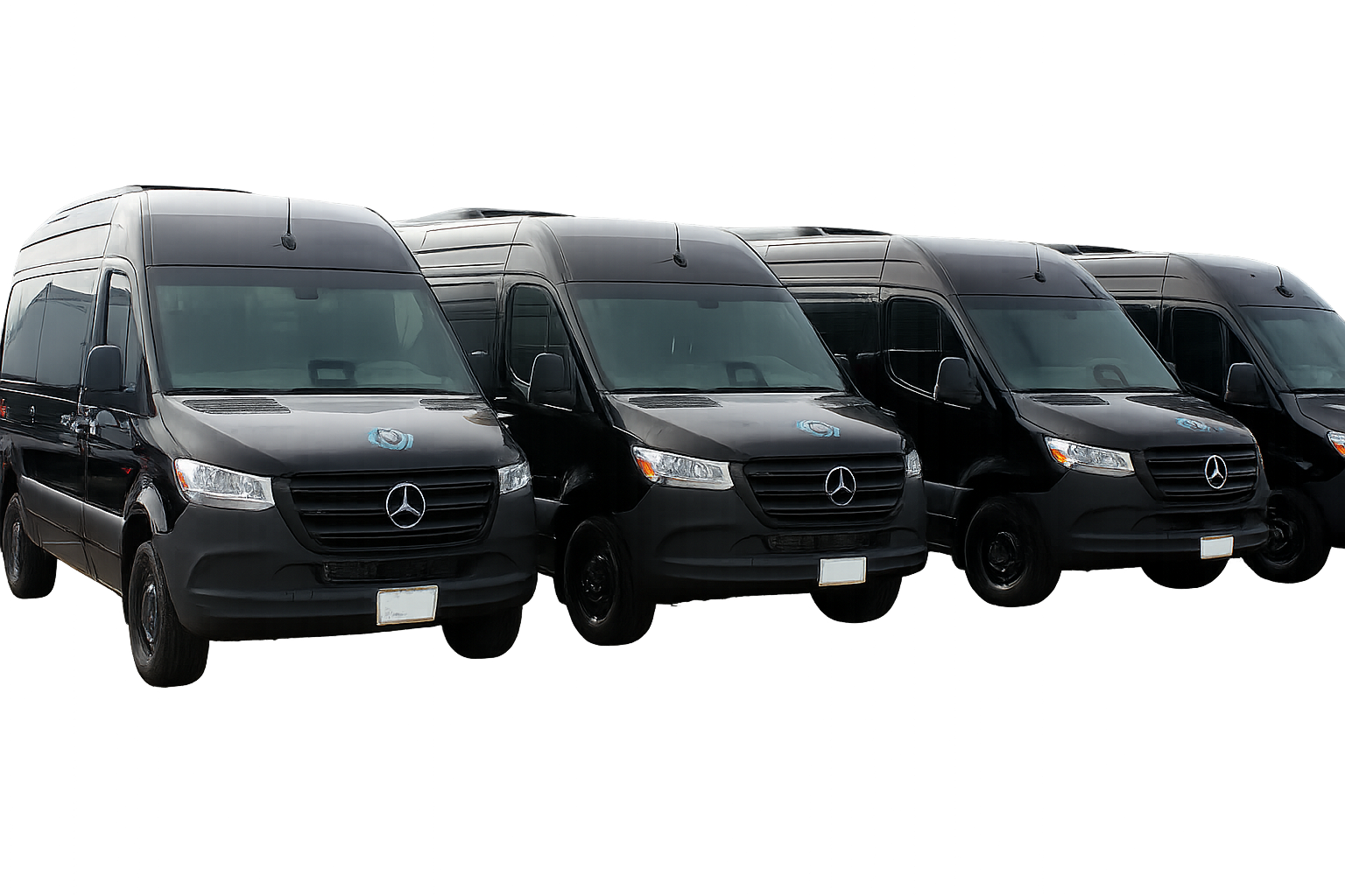 A row of four black Mercedes-Benz utility vans parked side by side on a reflective surface.