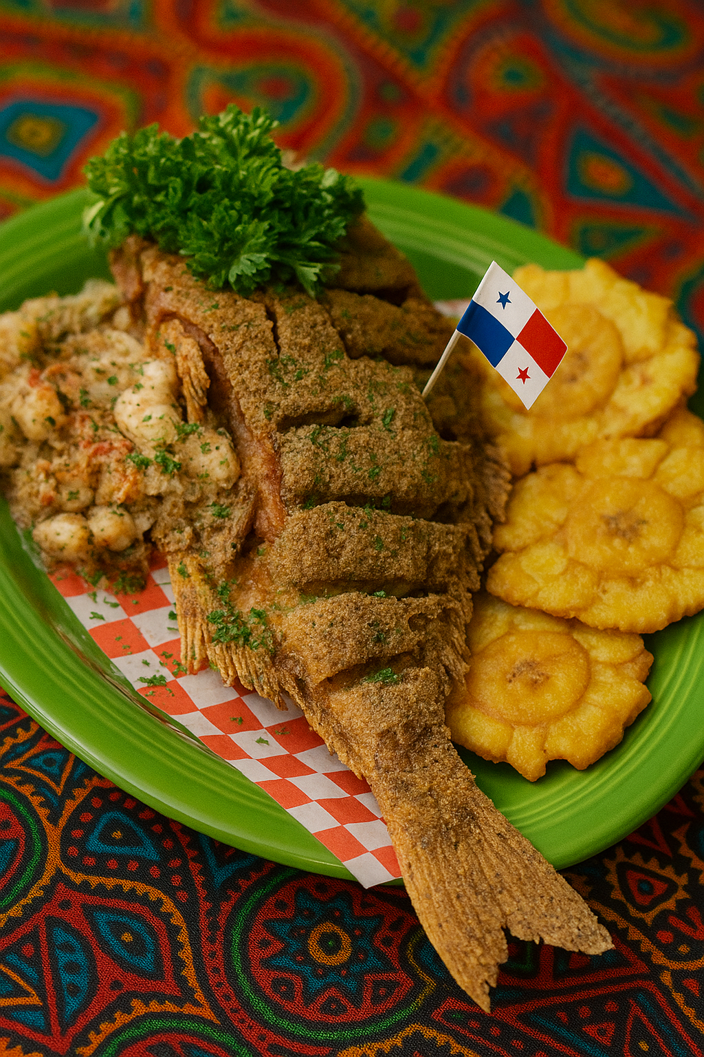 Fried whole fish served with patacones on a green plate, garnished with herbs and a small Panamanian flag