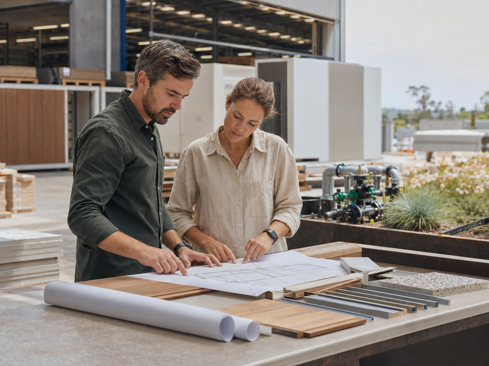 Commercial project planning with materials and technical drawings