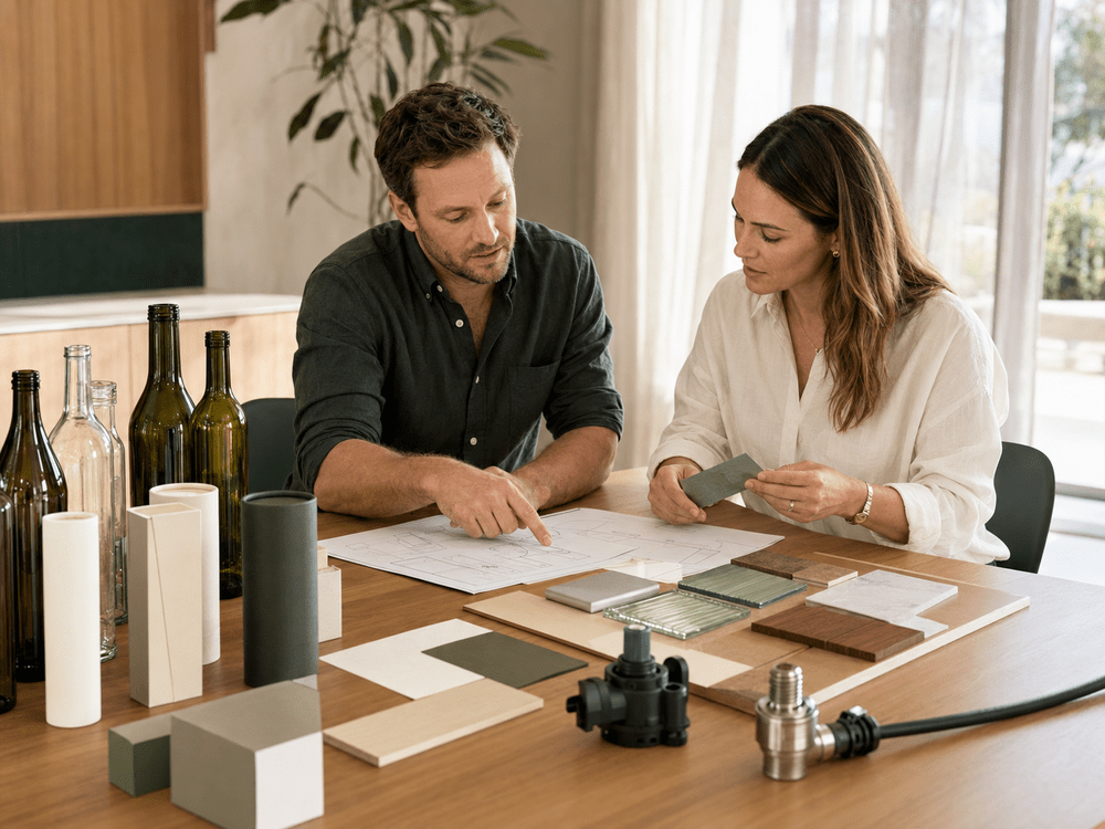 Perth procurement consultant and client reviewing product samples, technical drawings and material boards