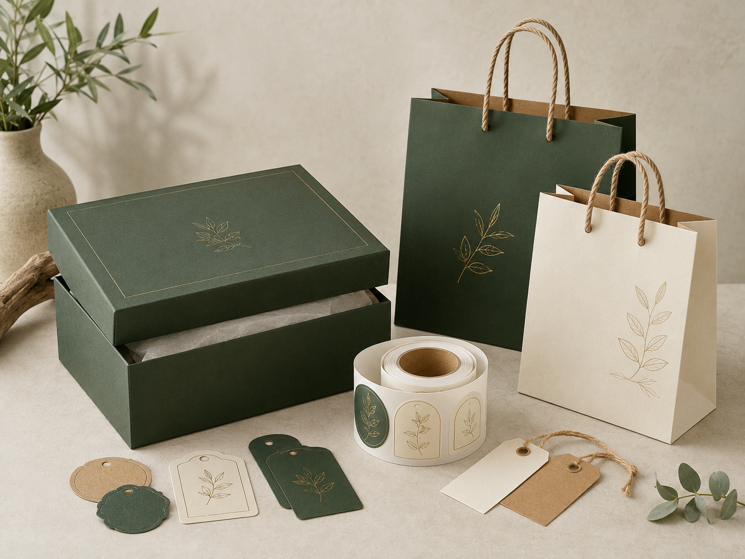Custom packaging, printed labels, premium gift boxes and paper bags