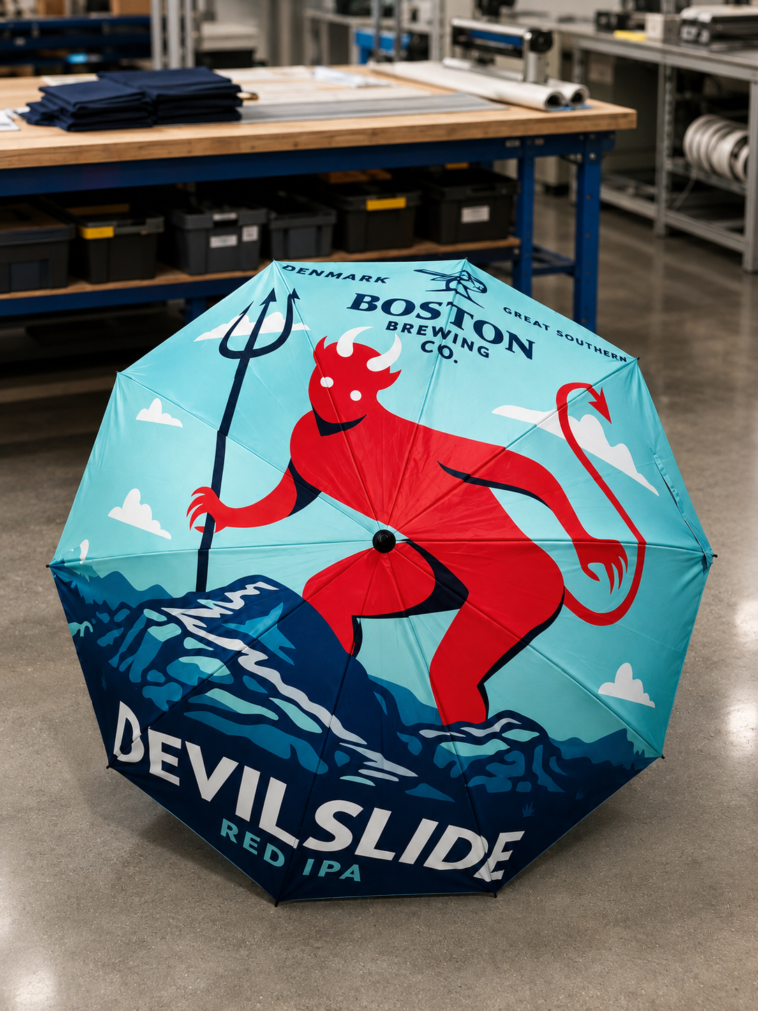 Custom branded brewery umbrellas produced as corporate merchandise
