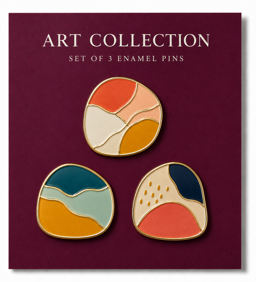 Custom enamel pin set on a branded presentation card