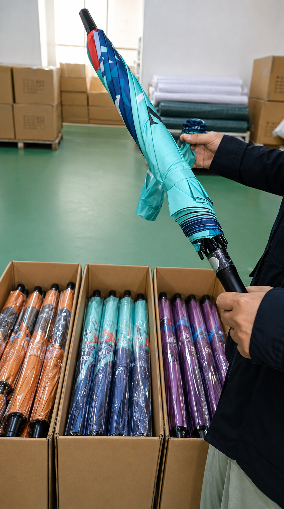 Final quality inspection of custom branded umbrellas before packing