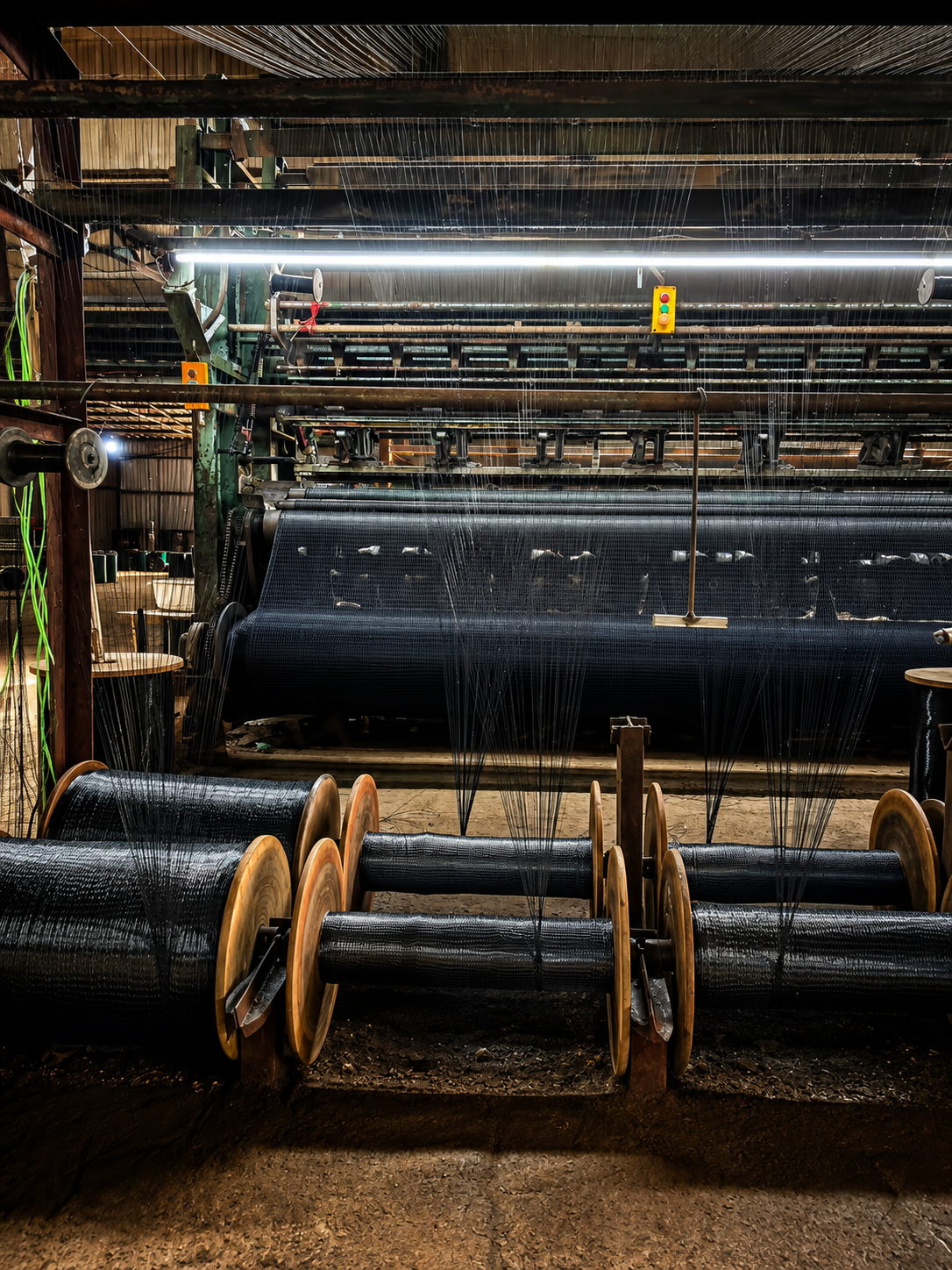 Industrial manufacturing equipment producing black vineyard bird netting
