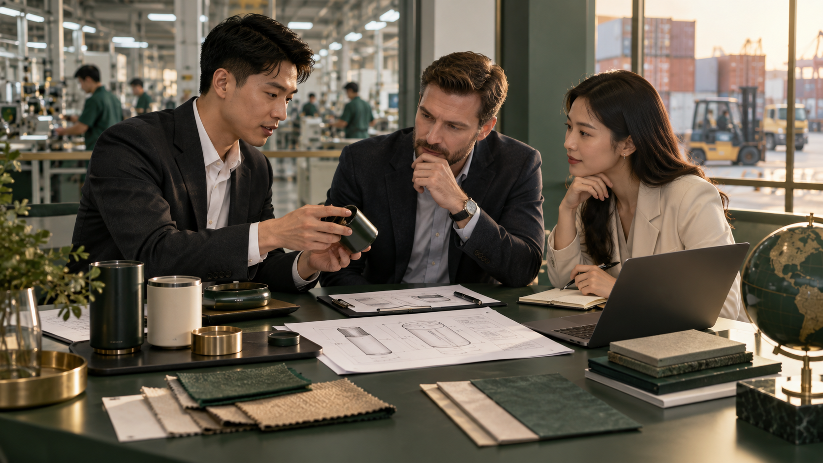 Production and manufacturing team discussing product requirements