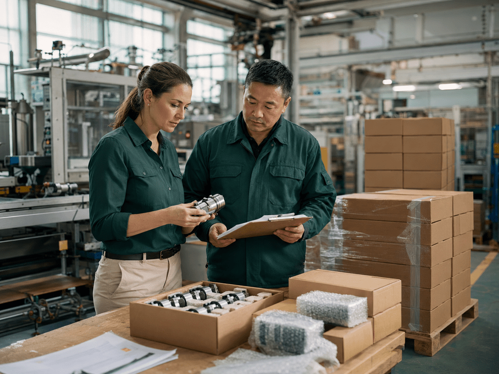 Procurement and quality control professionals inspecting products and packaging in a manufacturing facility
