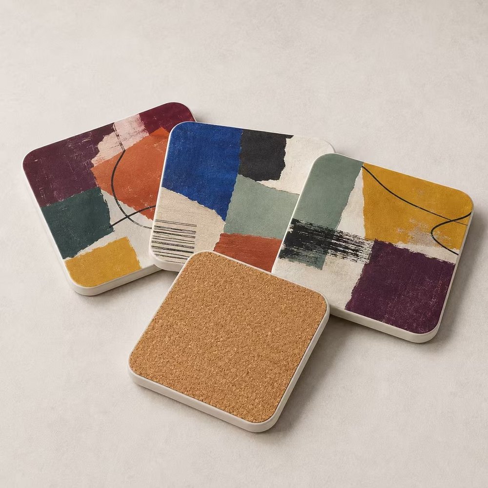 Custom printed coaster set showing artwork and cork backing
