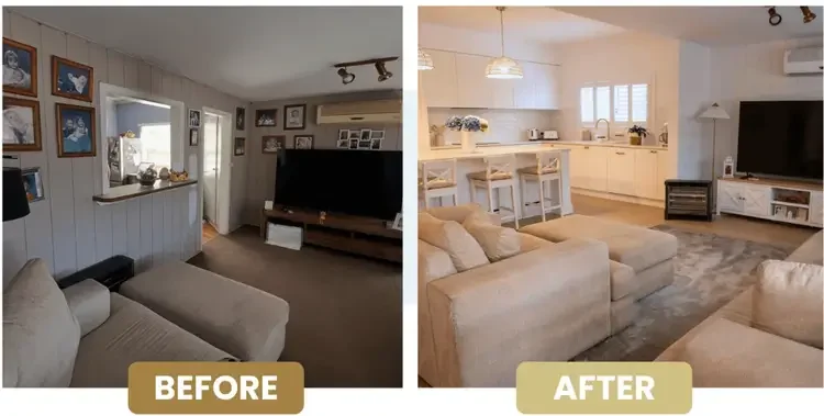 Side-by-side comparison of a living room before and after renovation. The before side shows a dimly lit space with dark furniture, framed pictures on the wall, and a small window. The after side shows a bright, modern living room with white walls, light-colored furniture, a kitchen area with white cabinets and a breakfast bar, and a large window letting in natural light.
