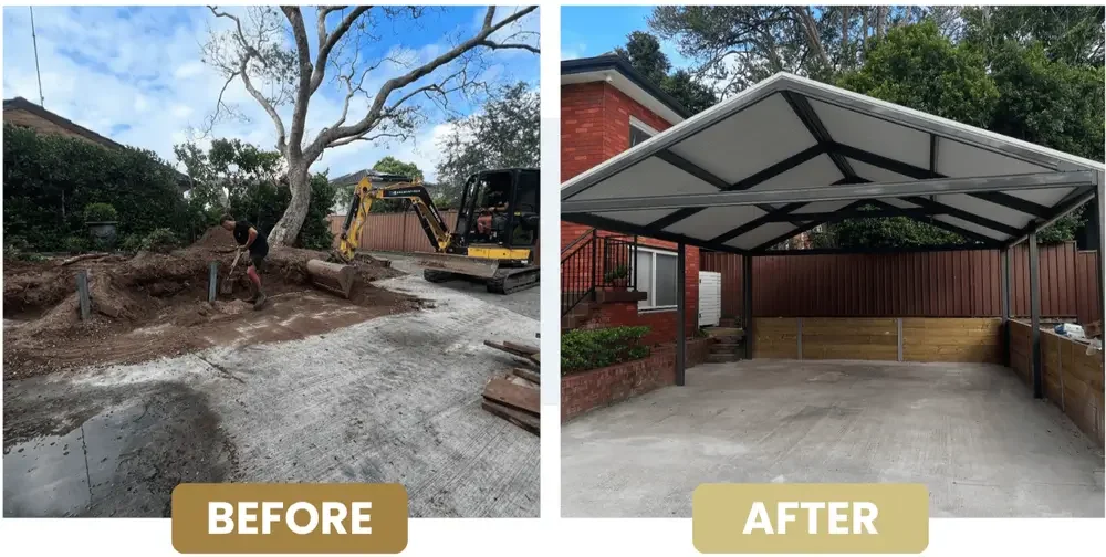 Side-by-side comparison showing a construction area and a completed carport with a canopy over a concrete driveway.