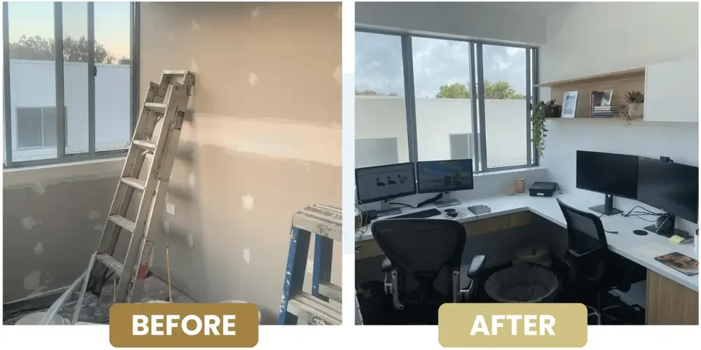 Comparison of a room before and after being renovated into an office space. The "before" shows a room with drywall in progress, a ladder, and construction materials. The "after" depicts a finished office with a white desk, multiple monitors, office chairs, shelves with books and decorative plants, and large windows letting in natural light.
