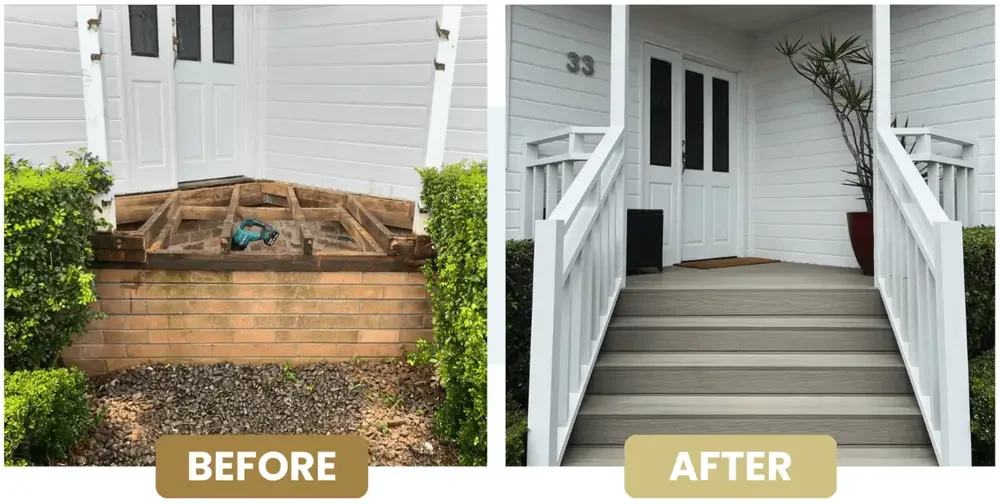 Side-by-side images showing a porch renovation. The 'Before' image shows a partially built brick and wood porch with tools, while the 'After' image shows a finished white house porch with a wooden ramp, railings, decorative plants, and a welcome mat.