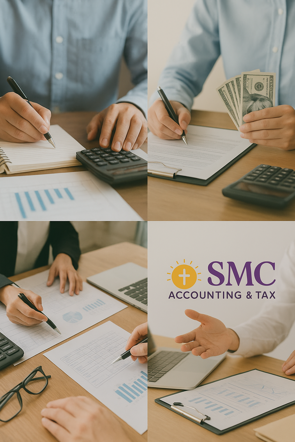 Business meetings with documents, calculators, and money, in an office setting, related to accounting and tax services.