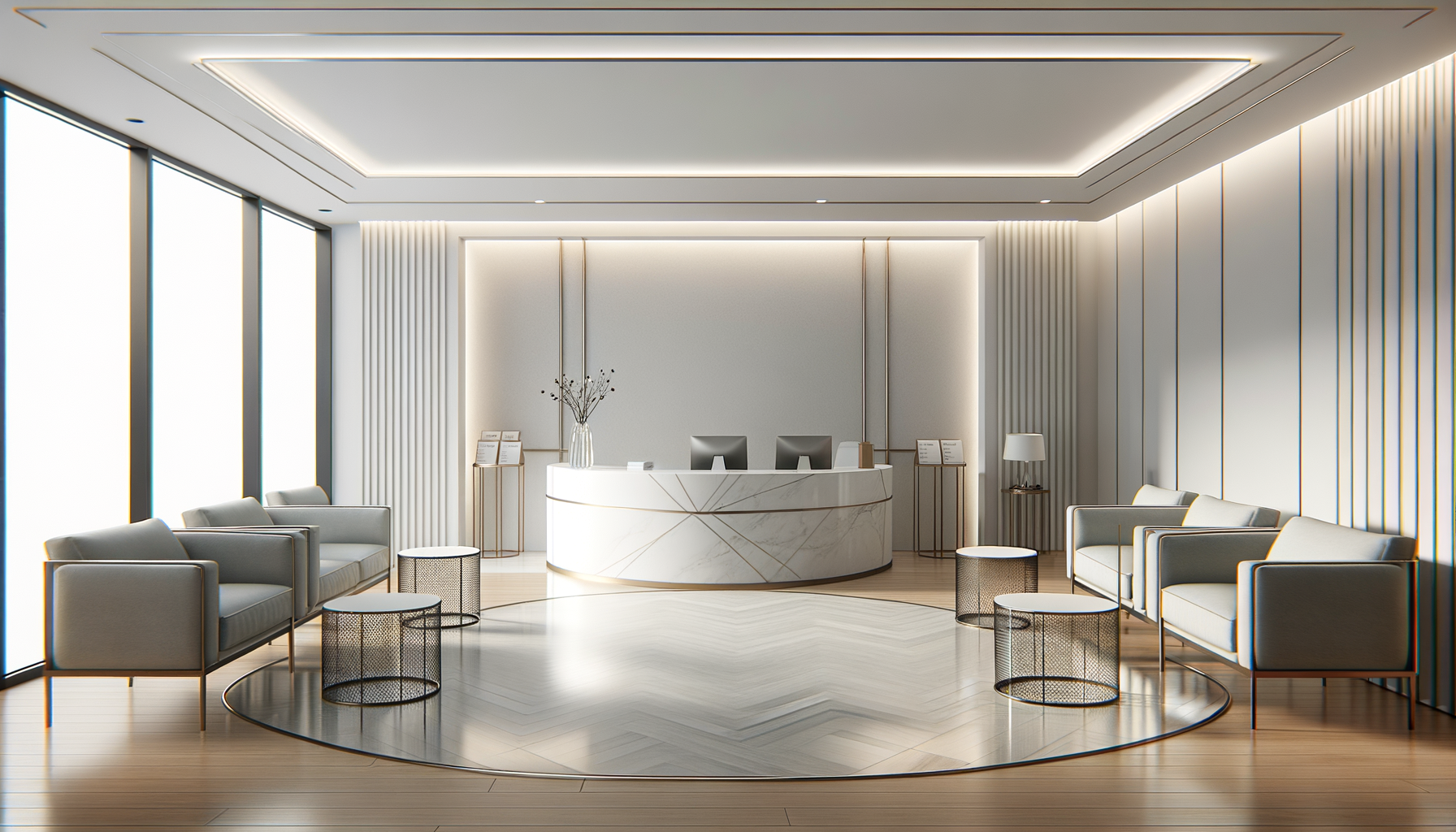 Modern hotel lobby with a curved reception desk, gray sofas, small round tables, large windows, and minimalist decor.