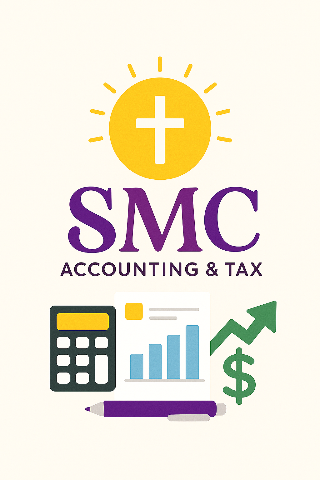 Logo for SMC Accounting & Tax featuring a yellow sun with a white cross, purple text, and icons of a calculator, bar graph, upward arrow with dollar sign, and purple pen.