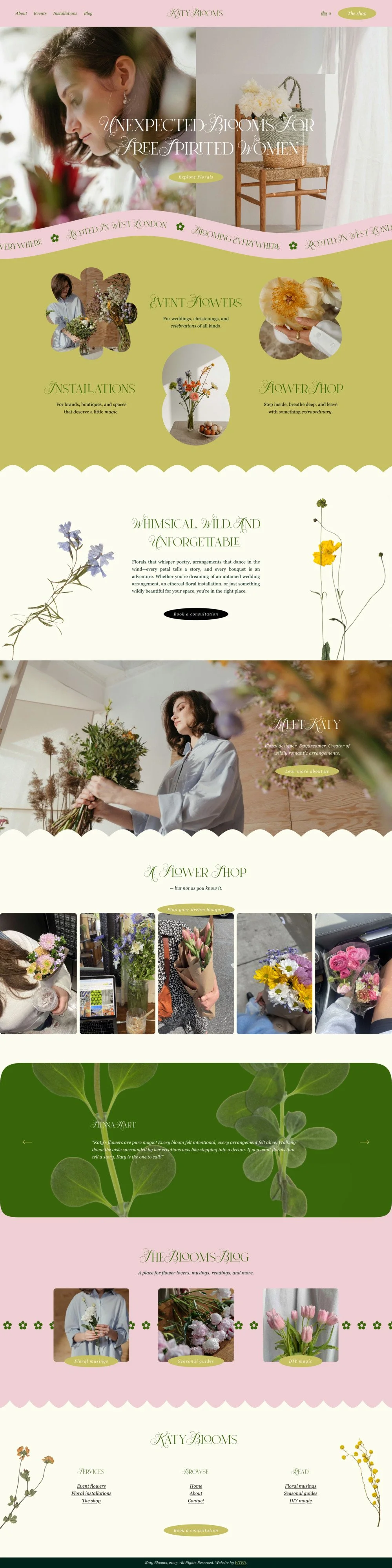 Website homepage for Katy Blooms, a flower shop specializing in event flowers, installations, and DIY bouquets, featuring images of flowers, a woman working with flowers, and design elements inspired by nature.