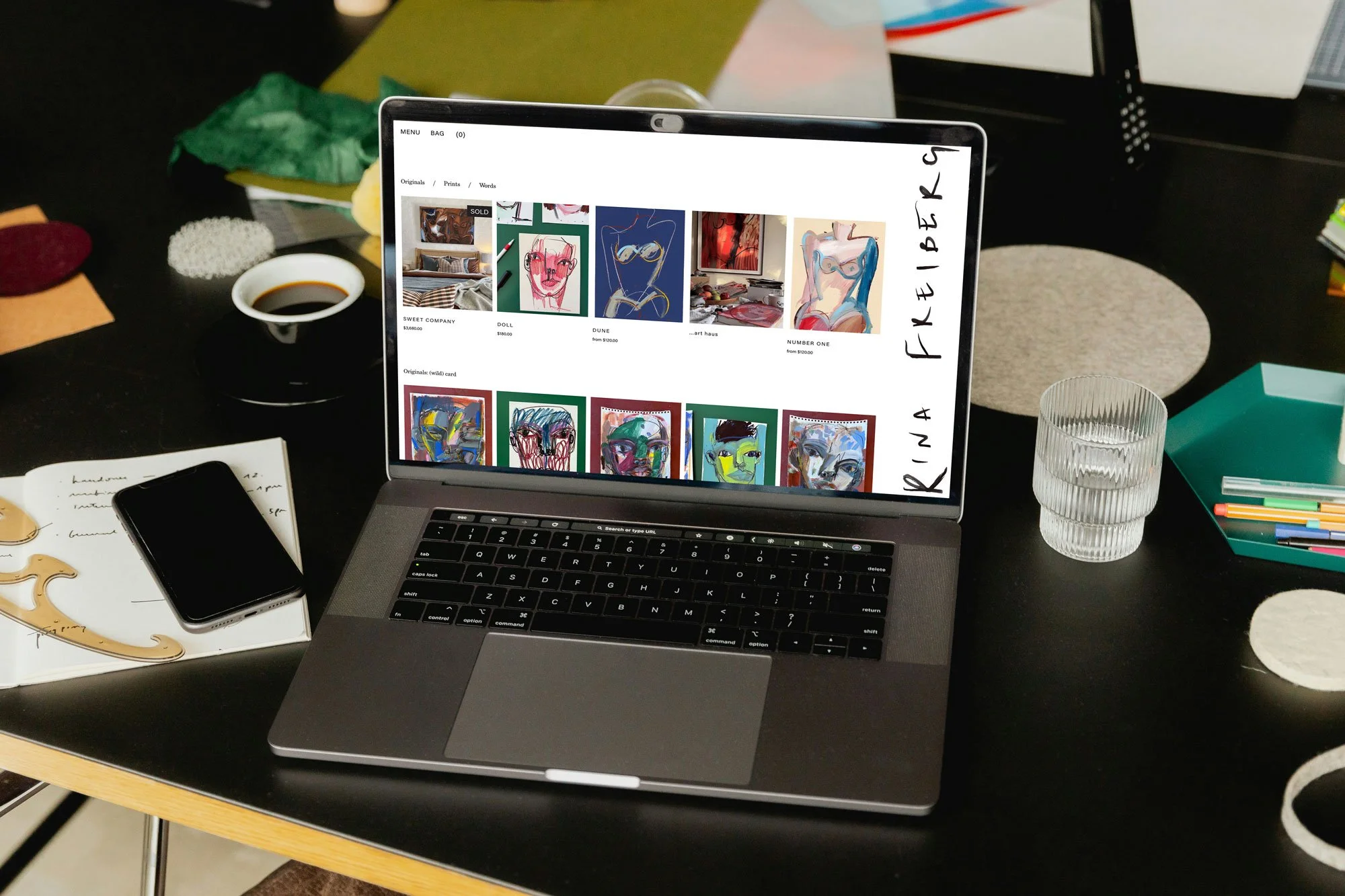 A mockup of artist Rina Freiberg's Squarespace website created by Will Travel for Disco