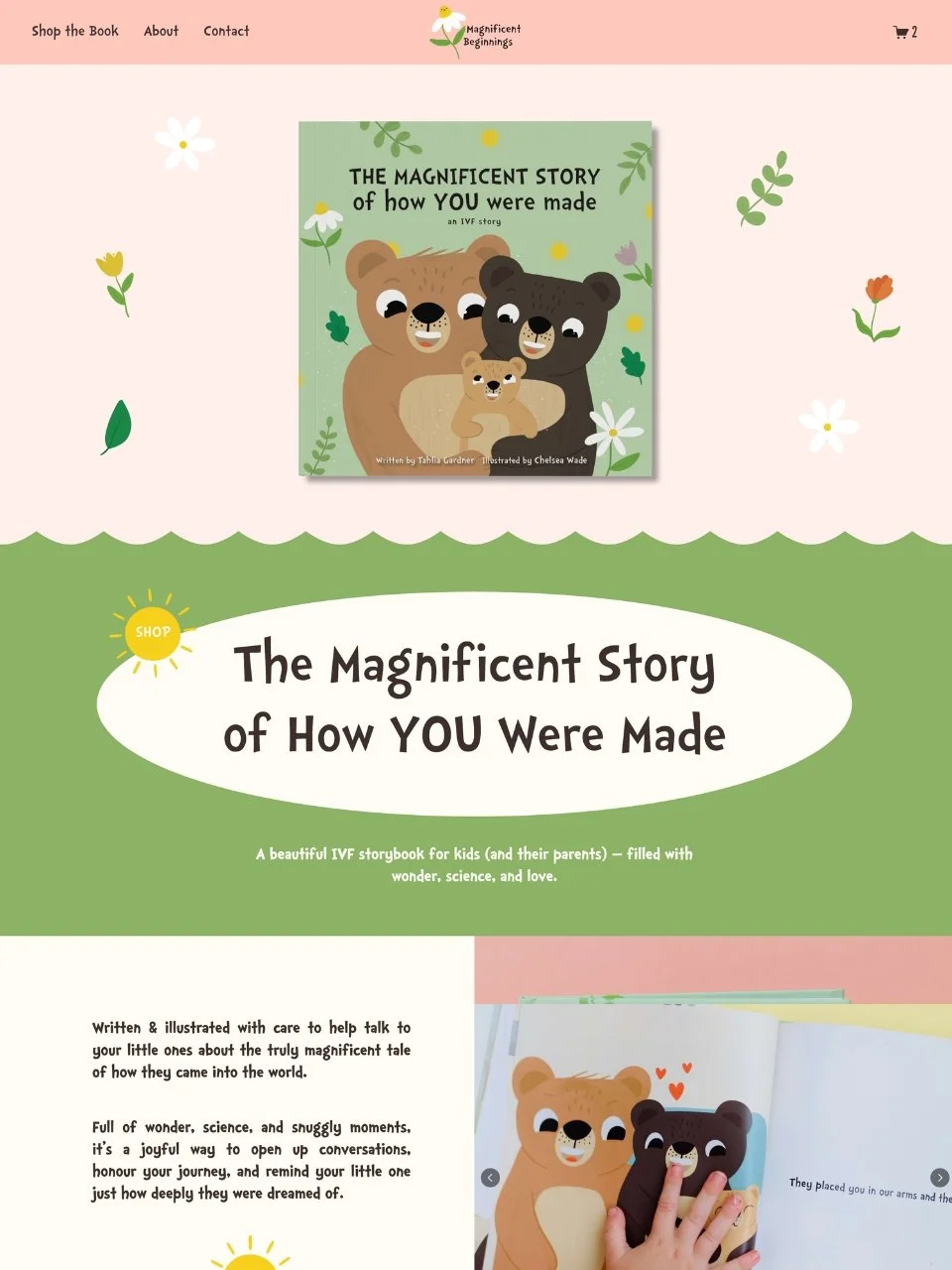 A website homepage for a children's storybook titled 'The Magnificent Story of How YOU Were Made' created by Will Travel for Disco