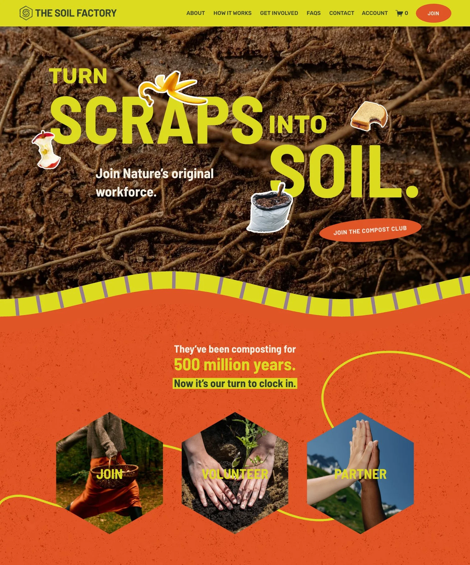 A website homepage for 'The Soil Factory' promoting composting and turning scraps into soil. Features soil and plant imagery, option to join the compost club, and calls to action for joining, volunteering, and partnering.