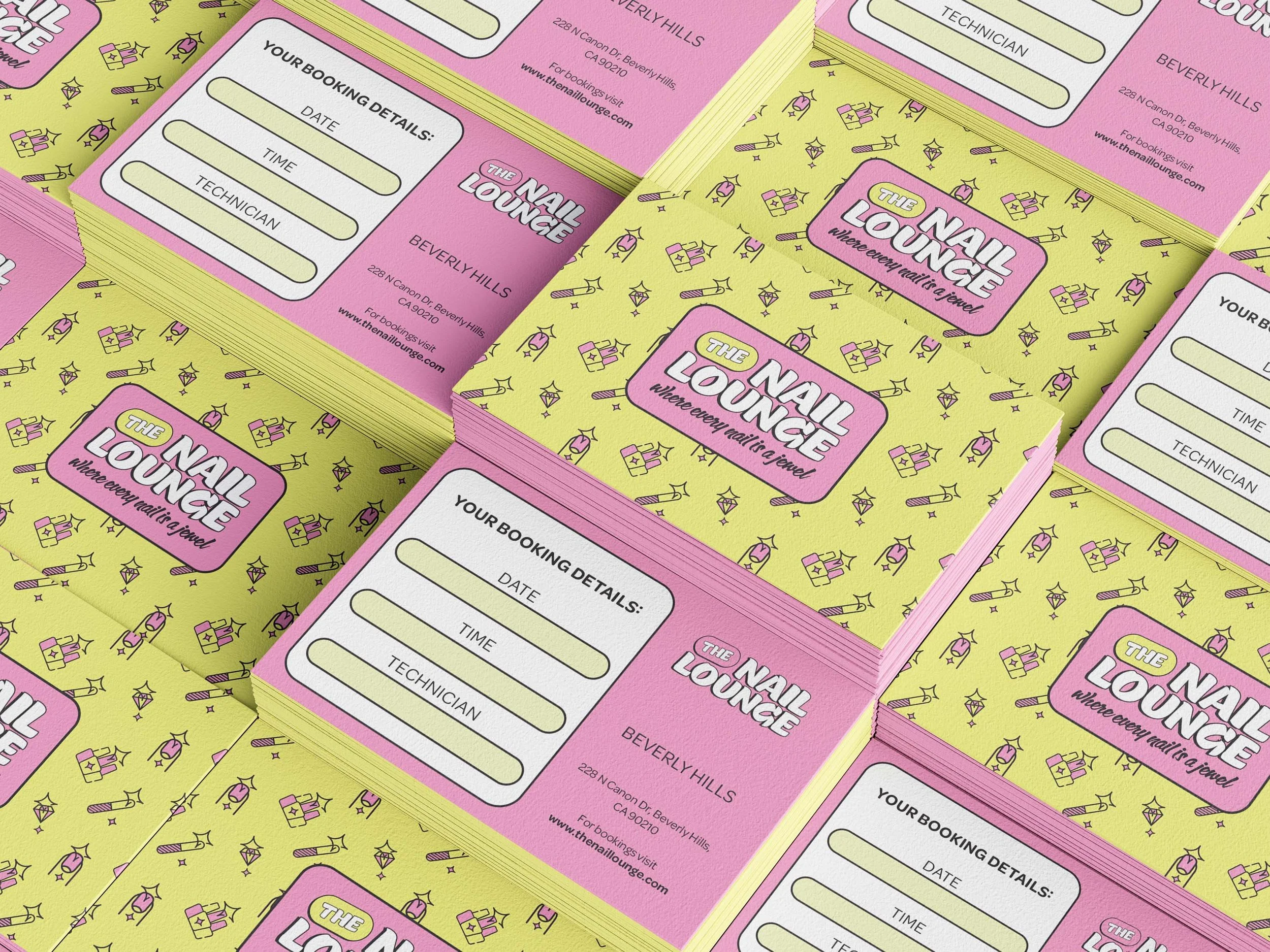 Stack of salon appointment cards for 'The Nail Lounge' with a pink and yellow color scheme. Each card has a booking details form with spaces for date, time, and technician, alongside a pattern of nail polish bottles, brushes, and stars in the backgro