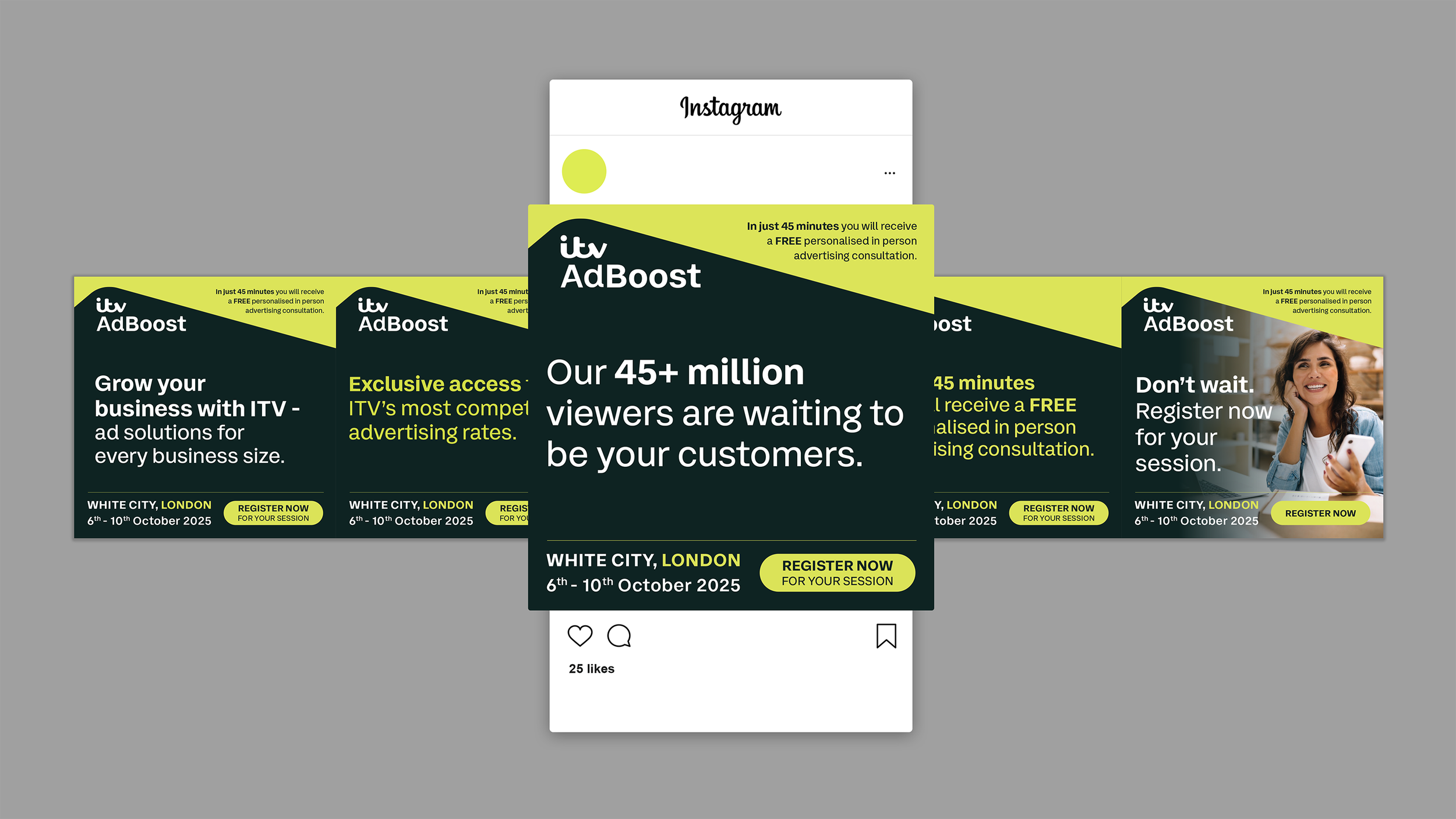 A collection of promotional images advertising ITV AdBoost, highlighting its reach of over 45 million viewers, exclusive advertising rates, and in-person consultations, with event details mentioning October 6-10, 2025, in White City, London.